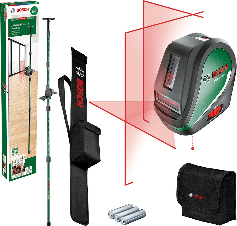 Laser nivelues Bosch UniversalLevel 3 Maxi Set, rreze e kuqe 10 m, vetënivelues, tripod 1/4", zi/gjelbër