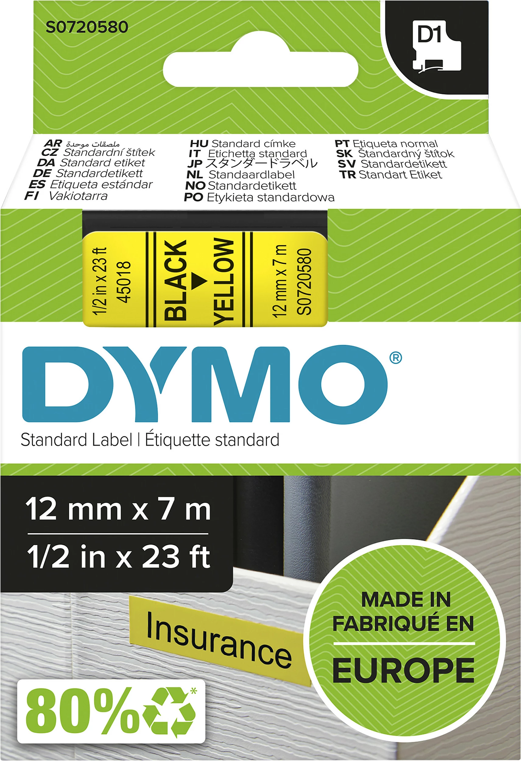 Shirit etikete Dymo D1 Standard 12mm x 7m, black on yellow