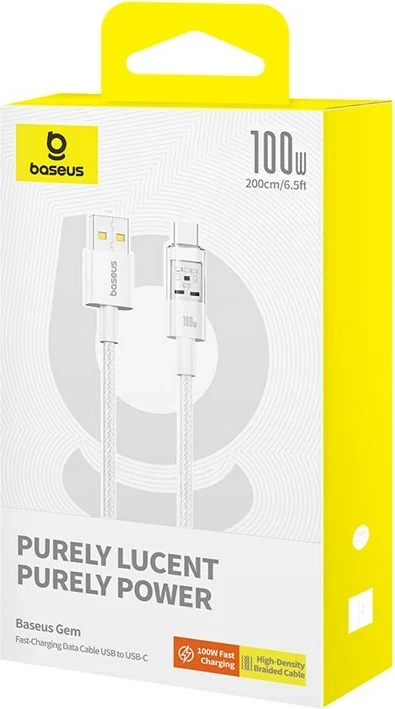 Kabllo USB Baseus Gem, USB A në USB C, 2 m, 100 W, Bardhë