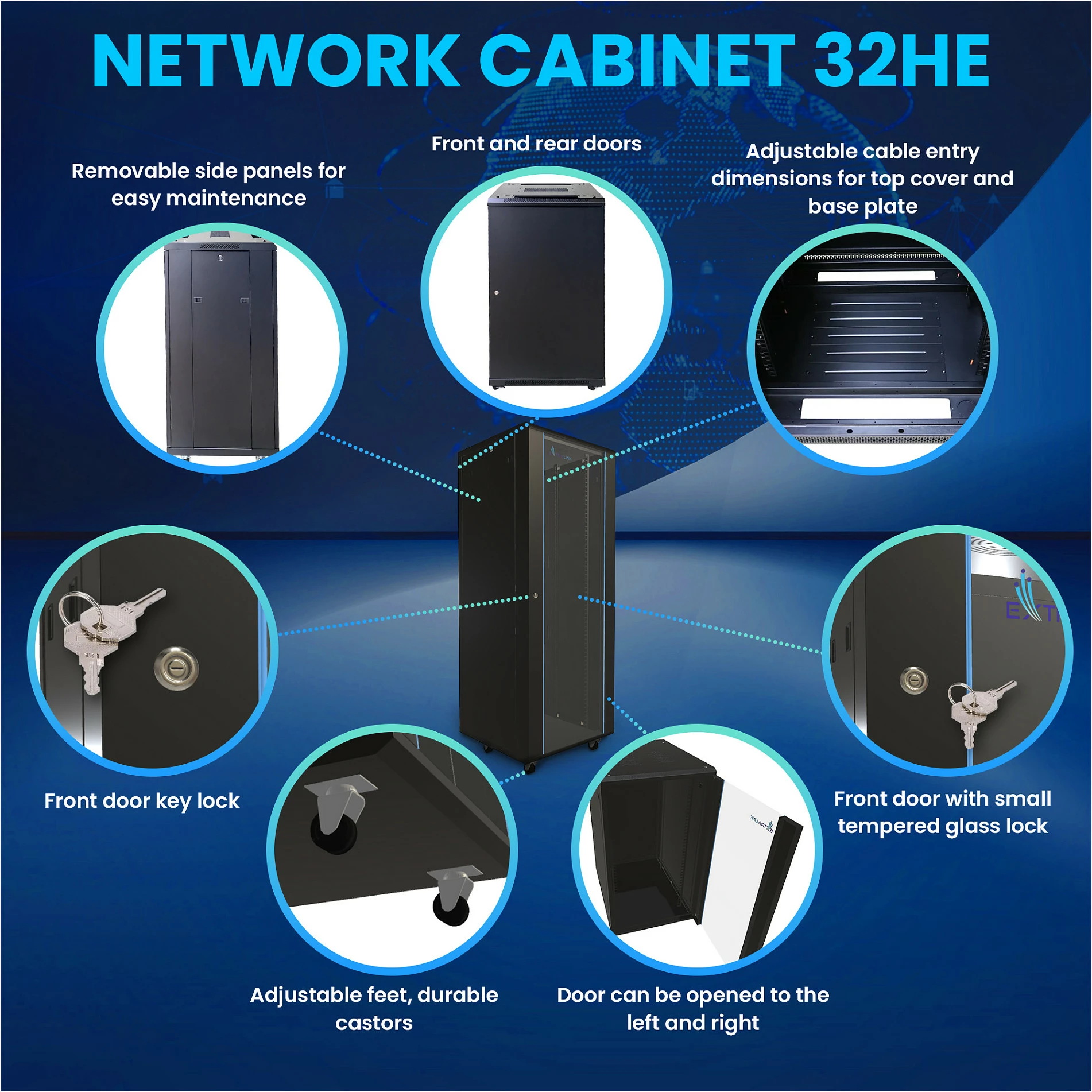 Kabinet rack Extralink 32U 600x600, 19", i zi
