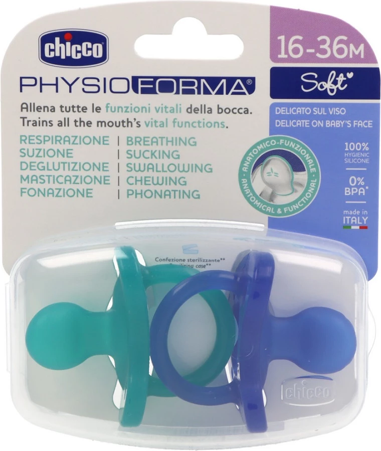 Qetësues silikoni Chicco PhysioForma Soft Calming 16-36 muaj blu 2 copë