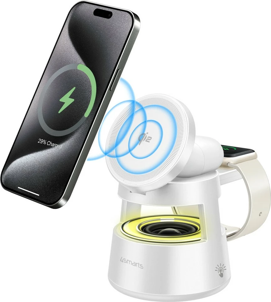 Karikues wireless me altoparlant 4smarts Aura Sound, Qi2, Bluetooth 5.1, 15W, i bardhë