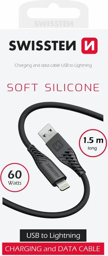 Kabllo karikuese USB në Lightning Swissten, 60W, 1.5m, e zezë