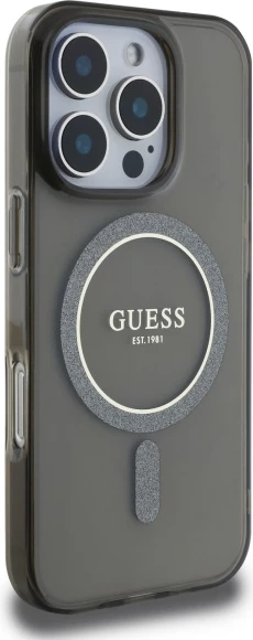 Mbështjellës Guess IML Glitter Circle MagSafe për iPhone 16 Pro Max, i zi