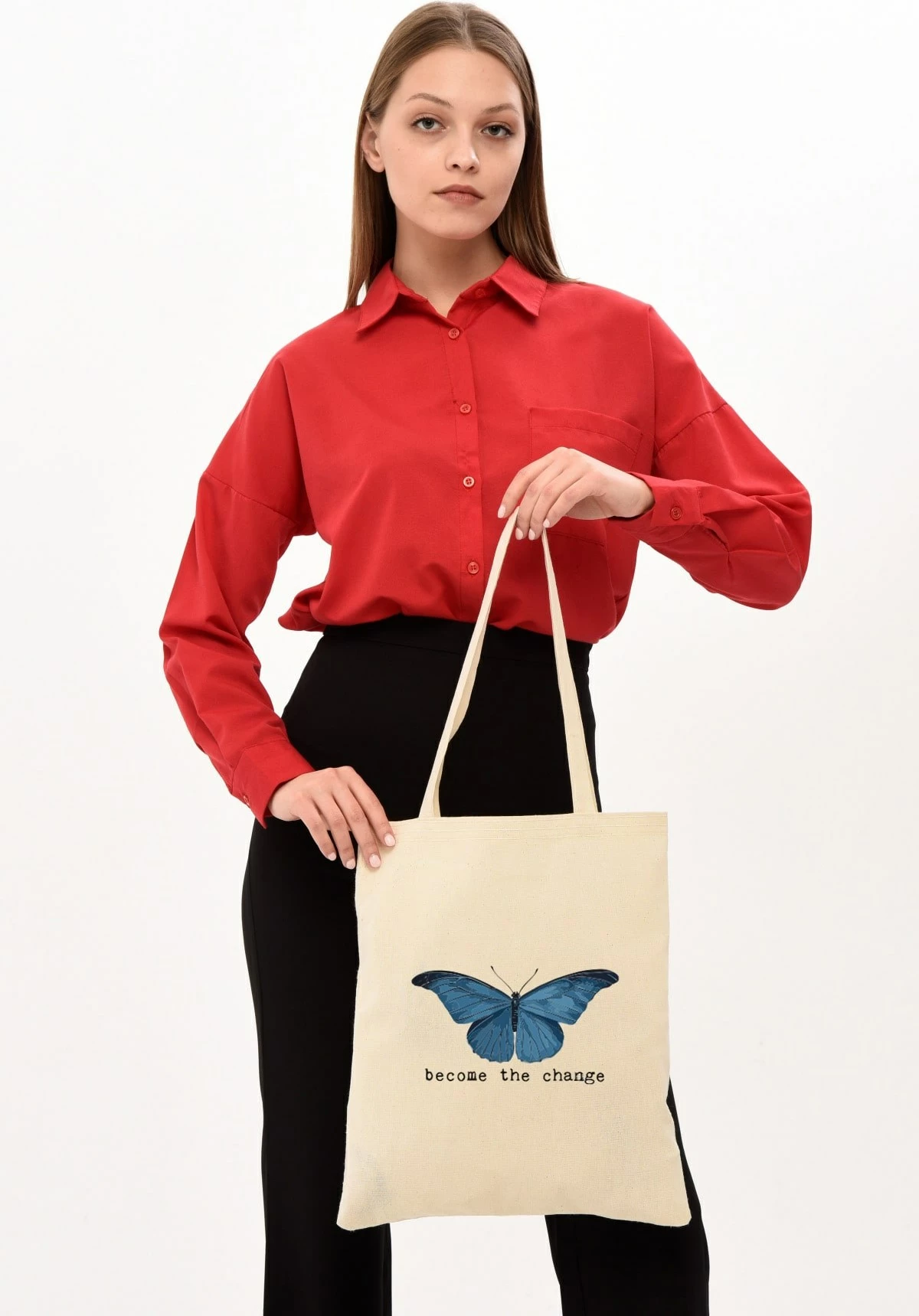 Torbë Tote Zoozie Bags, ngjyrë krem, 35x40cm, flutur blu