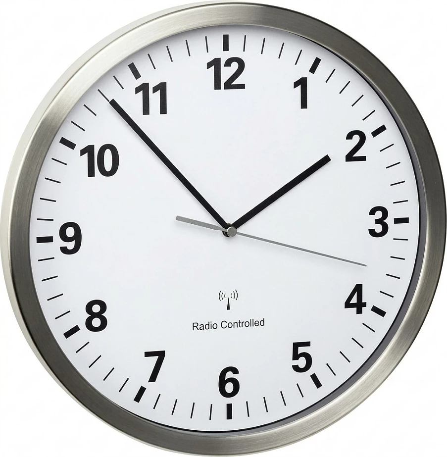 Orë muri TFA 60.3523.02, radio e kontrollume, Ø 305 mm, inox, argjend/e bardhë