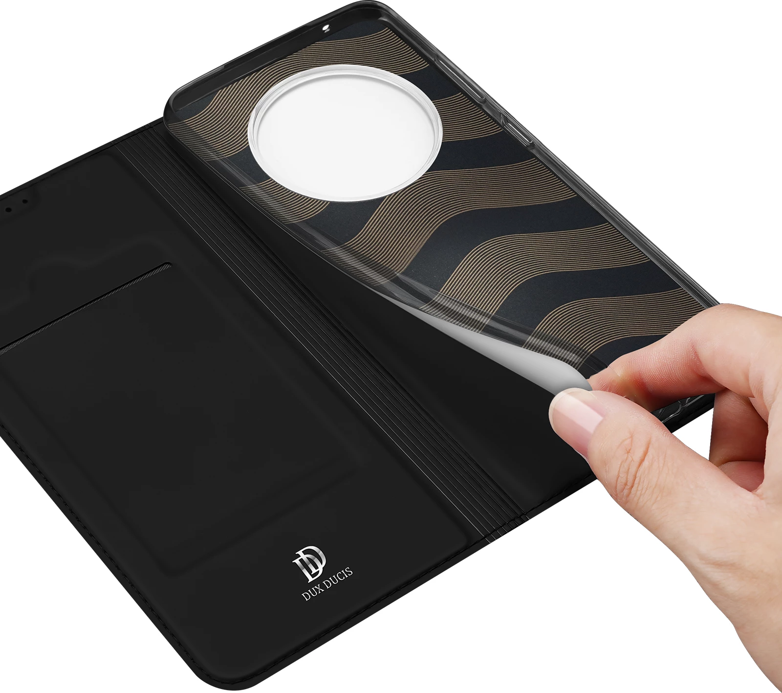 Mbështjellës Dux Ducis Skin Pro për Realme 11, me xhep kartelash dhe mbështetëse, i zi