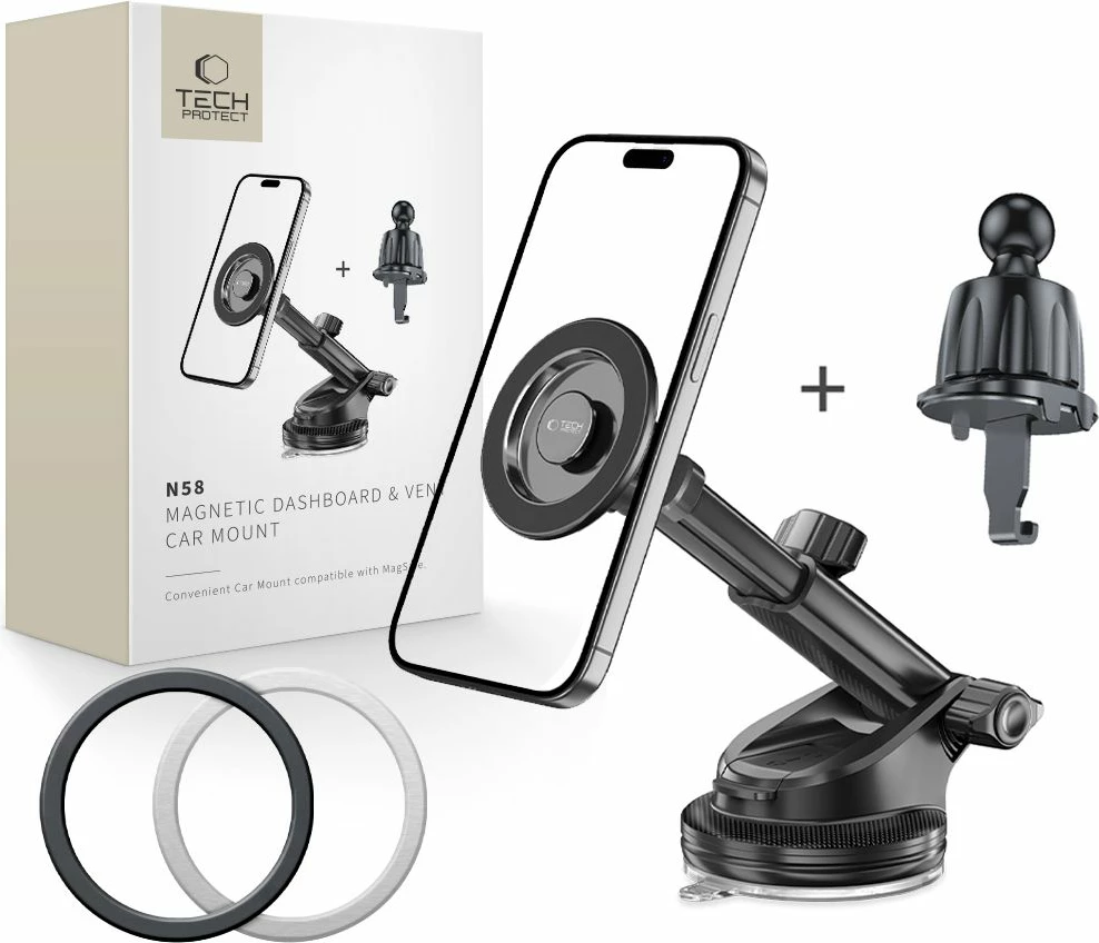 Mbajtës magnetik për celular Tech-Protect N58, MagSafe, për kokpit, xham ose ventilator, i zi