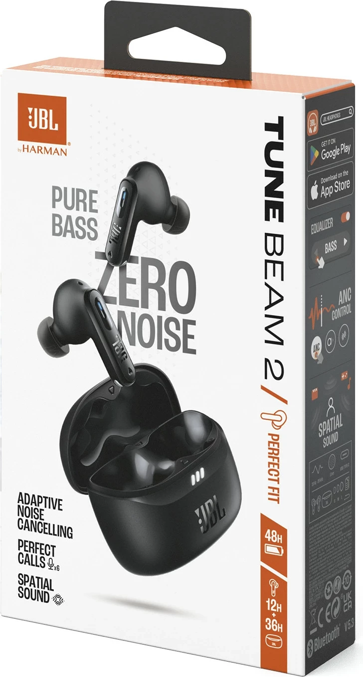 Kufje JBL Tune Beam 2, True Wireless, ANC adaptiv, Bluetooth 5.3, IP54, të zeza, me kuti karikimi