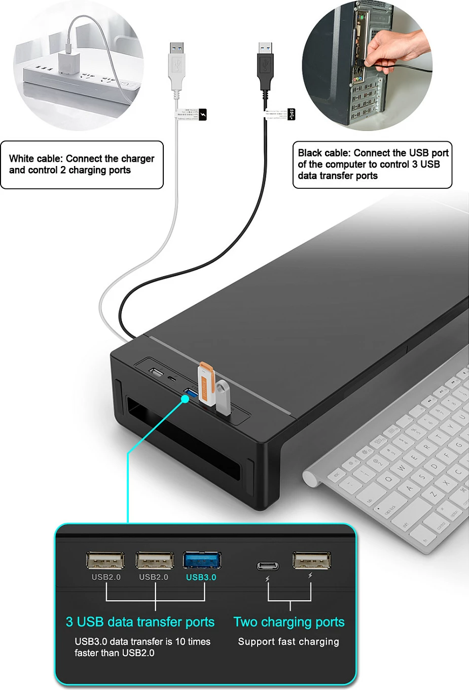 Ngritës monitori EQUIP, 4x USB-A + USB-C, 25 kg, i zi