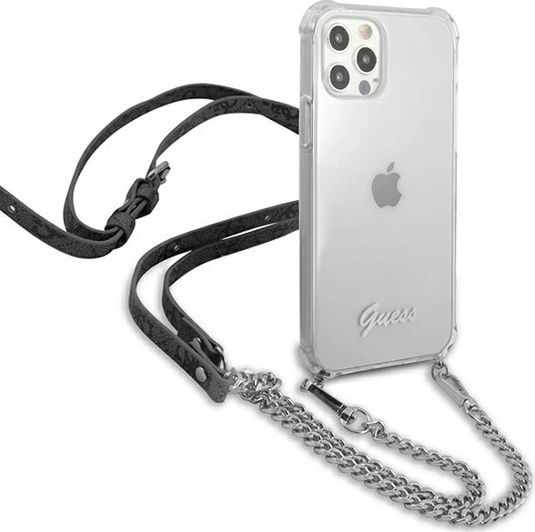 Mbështjellës Guess GUHCP12LKC4GSSI për iPhone 12 Pro Max 6.7", transparent, me zinxhir argjendi