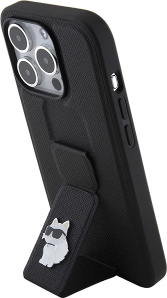 Mbështjellës Karl Lagerfeld Gripstand Saffiano Choupette Pins për iPhone 15 Pro Max, i zi