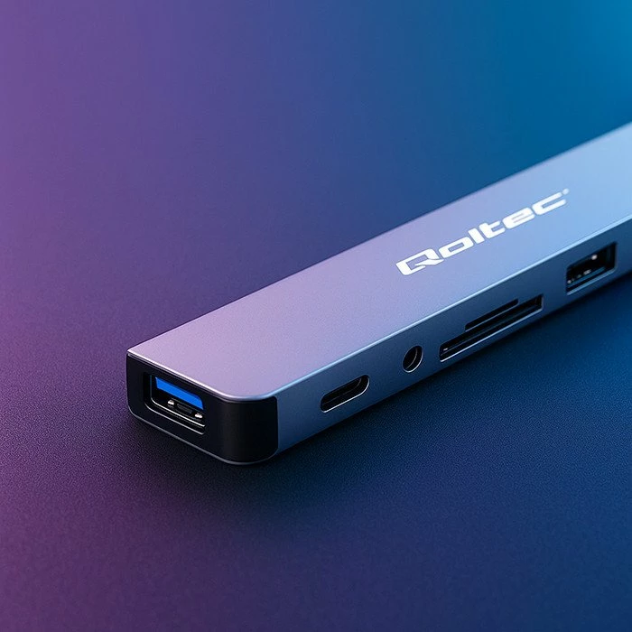 Hub USB-C/USB Qoltec 53794 8-në-1, 4x USB-A 2.0/3.0, USB-C, SD/TF, 3.5mm, 5 Gbps, gri grafit