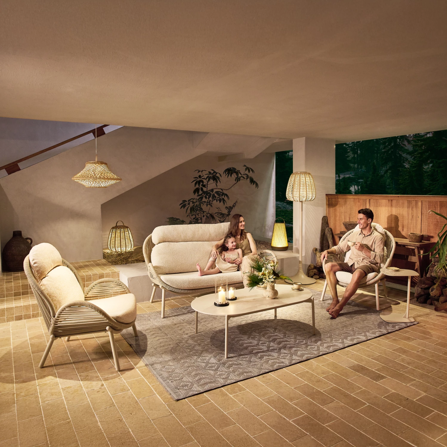 Set lounge për jashtë, 4 pjesë, RIVEN, alumin, litar, stof bezhë, CD6394.01