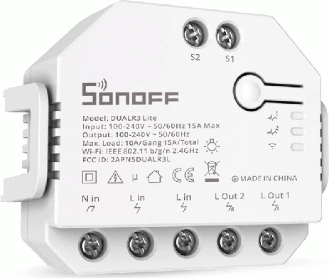 Switch smart Wi‑Fi SONOFF DUALR3 Lite 2-kanal 10A, kontroll motor/perde, i bardhë