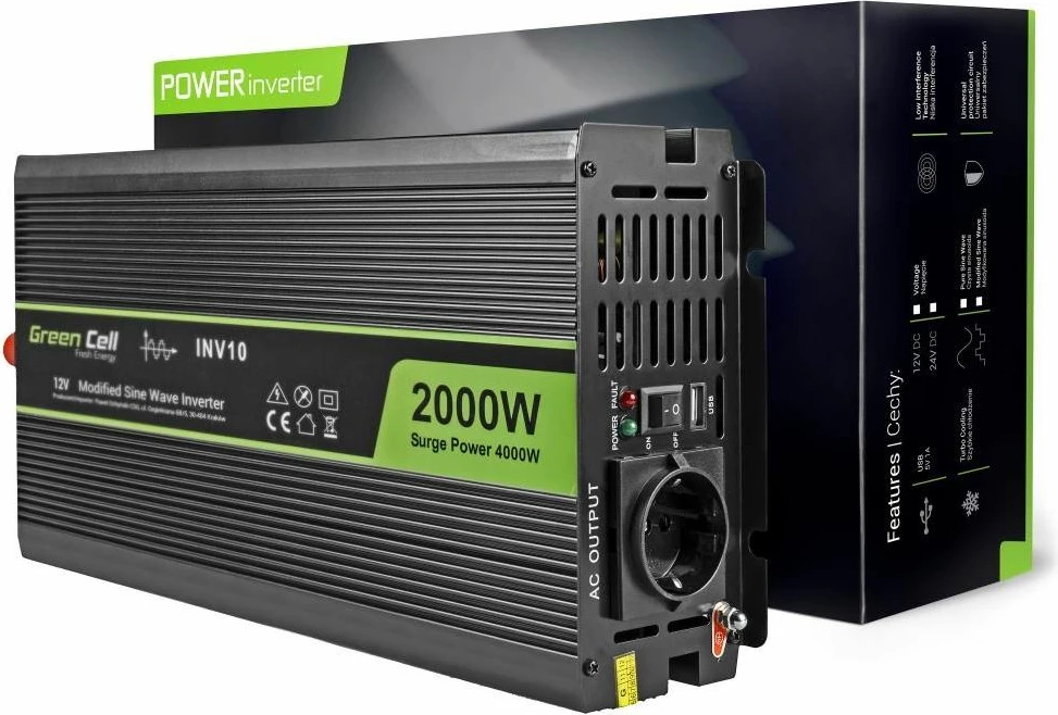 Inverter Green Cell INV10 12V/230V 2000W (peak 4000W), 1 prizë + USB, i zi