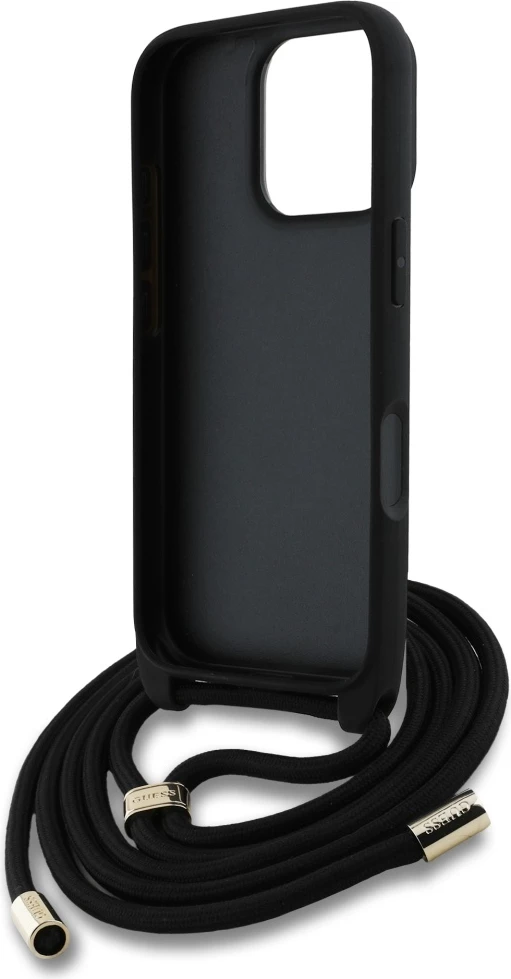 Mbështjellës Guess 4G Big Logo Cord Stap Crossbody për iPhone 16 Pro, e zezë