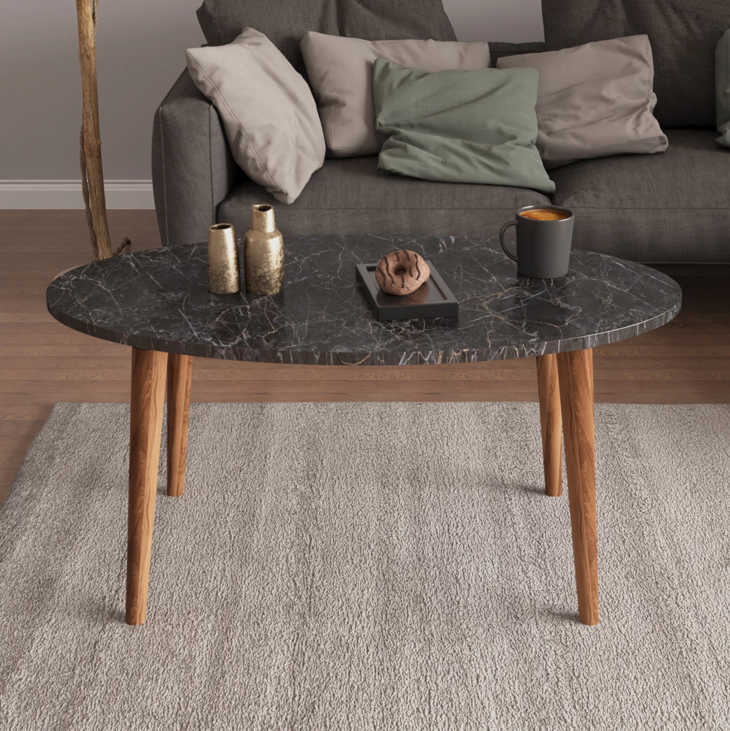 Set tavolinash kafeje dhe 3 tavolina anësore VITAL FH18180.02 melaminë, ngjyrë mermeri të zi, këmbë druri ngjyrë arre