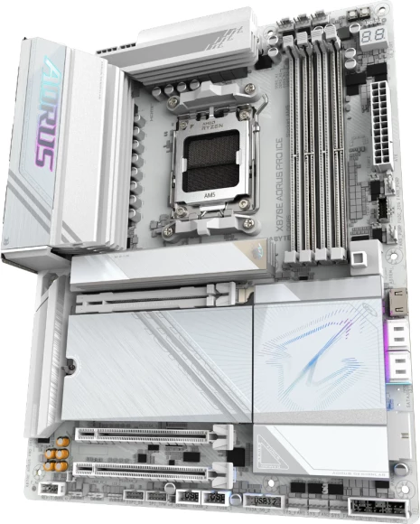 Pllakë amë GIGABYTE X870E AORUS PRO ICE, AM5, ATX, DDR5, Wi‑Fi 7, 2.5GbE, USB4, e bardhë/argjend