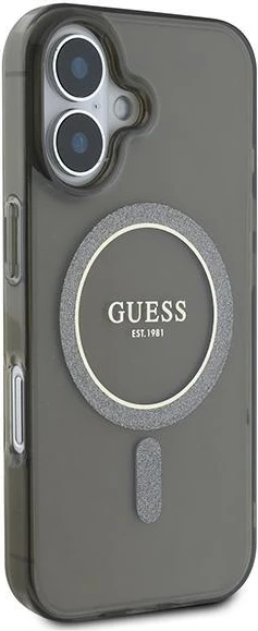 Mbështjellës Guess IML Glitter Circle MagSafe për iPhone 16, zi