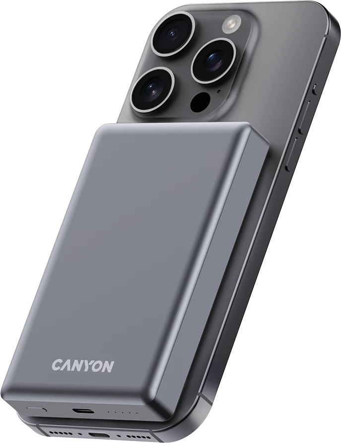 Bateri e jashtme CANYON OnPower 510, 10000 mAh, PD 20W, magnetike (MagSafe), 15W wireless, gri e errët