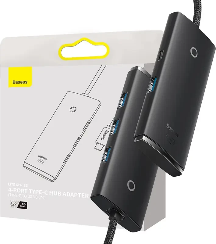 Kasë Baseus Lite Series HUB 4-në-1, USB-C në 4x USB 3.0 + USB-C, 1m, e zezë