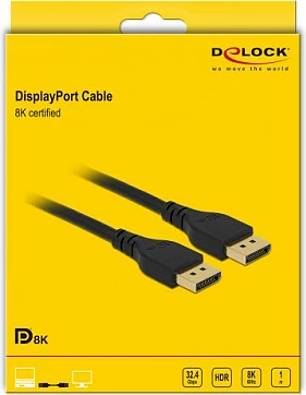 Kabllo DisplayPort DeLOCK DP 1.4, 1 m, 8K 60 Hz, pa kapëse, e zezë