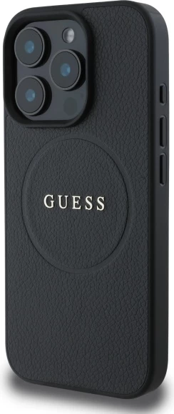 Mbështjellës Guess Grained Gold Ring MagSafe për iPhone 16 Pro Max, i zi