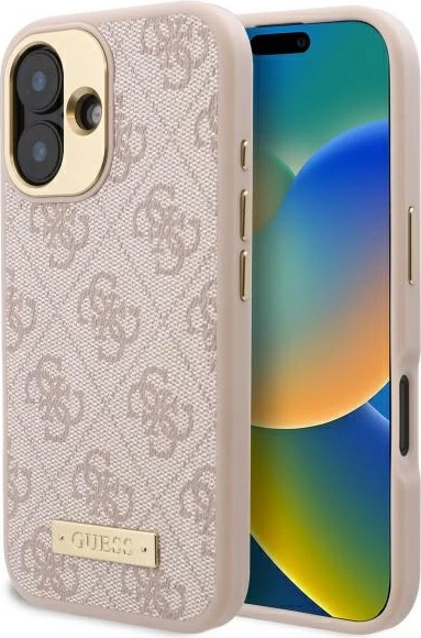 Mbështjellës Guess 4G Logo Plate MagSafe për iPhone 16 Plus, Rozë