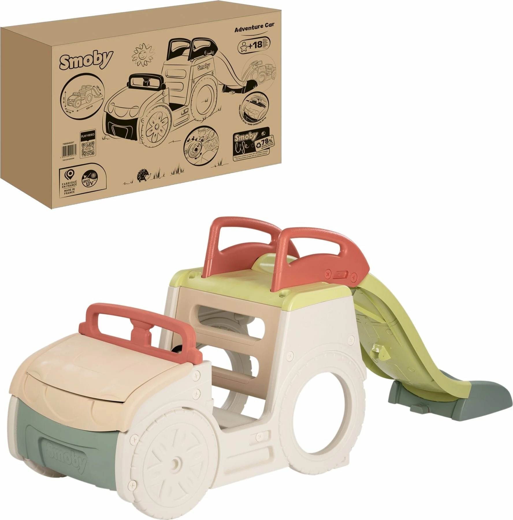 Lodër oborri 3-në-1 Smoby Adventure Car 840207, rrëshqitëse 150 cm, shumëngjyrëshe