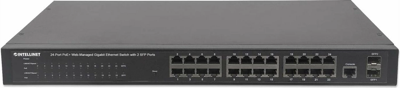 Switch Intellinet 560559, 24-Port Gigabit PoE+, Web-Managed, 2x SFP, 19" Rack, i zi