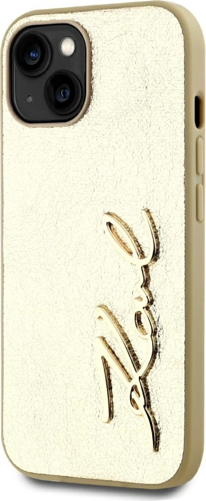Mbështjellës Karl Lagerfeld Wrinkled Metal Signature për iPhone 15, Gold