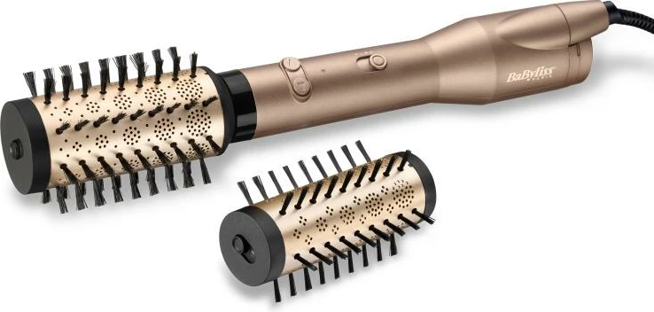 Furçë rrotulluese me ajër të ngrohtë për flokë, BaByliss AS952E, teknologji jonike, veshje qeramike, 2 koka të ndërrueshme, gold