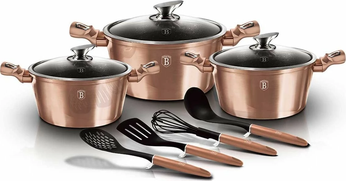 Set tenxheresh dhe tiganësh Berlinger Haus BH-6161, veshje graniti, për induksion, 17 copë, rose gold