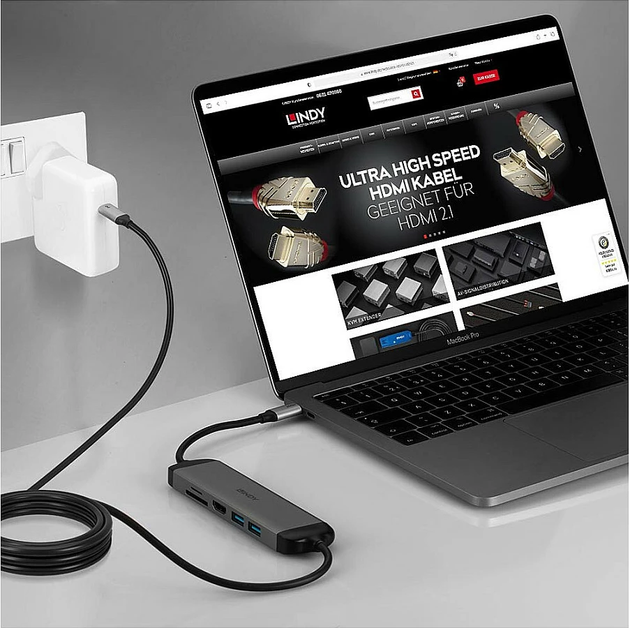 Docking stacion USB-C Lindy DST-Micro 140, HDMI 4K, 2x USB-A, SD/microSD, USB PD deri 100W, Zi/Hiri