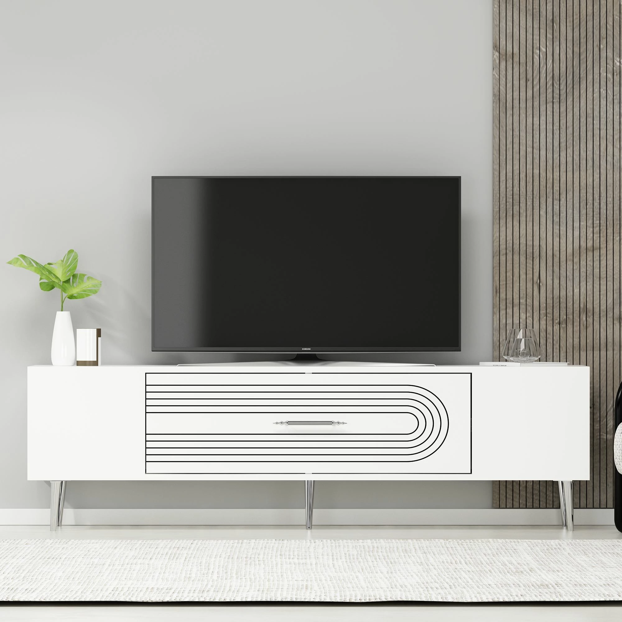 Komodë TV Skye Decor, e bardhë, argjend
