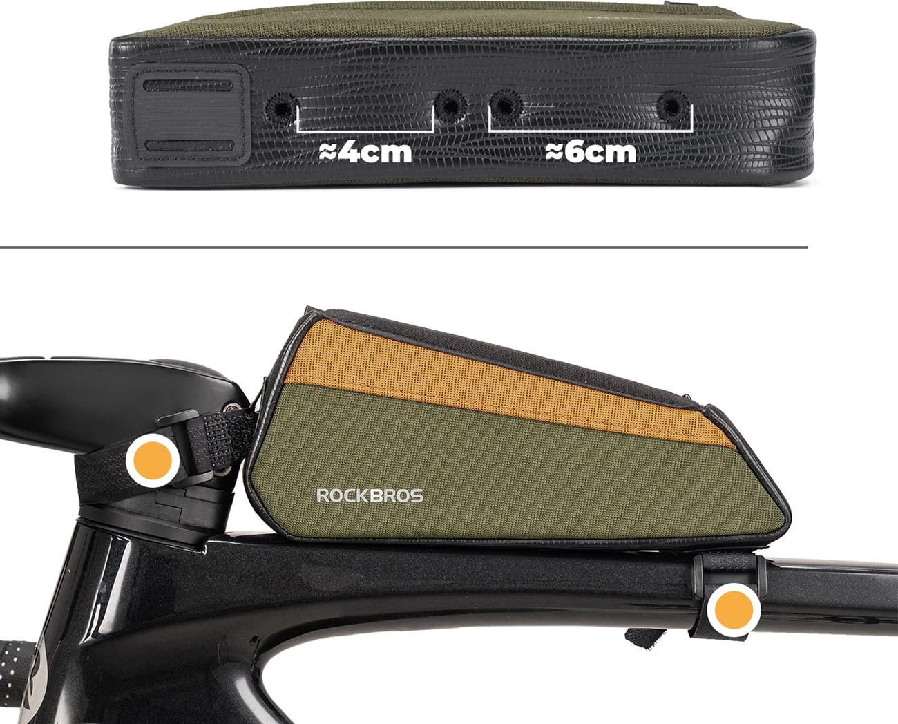 Çantë top tube për biçikletë Rockbros 088 0.25L, gjelbër/portokalli
