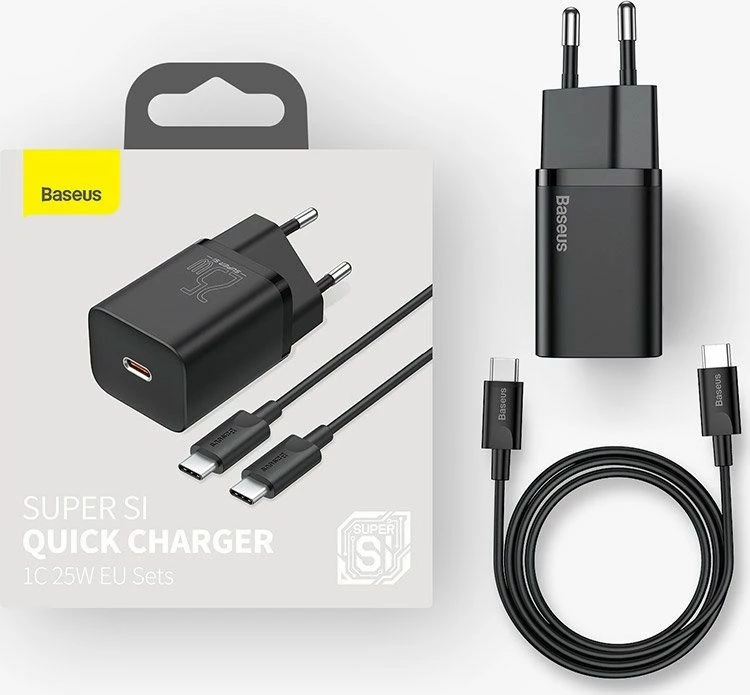 Karikues rrjeti Baseus Super Si TZCCSUP-L01 25W USB-C PD me kabllo USB-C në USB-C 1m, i zi