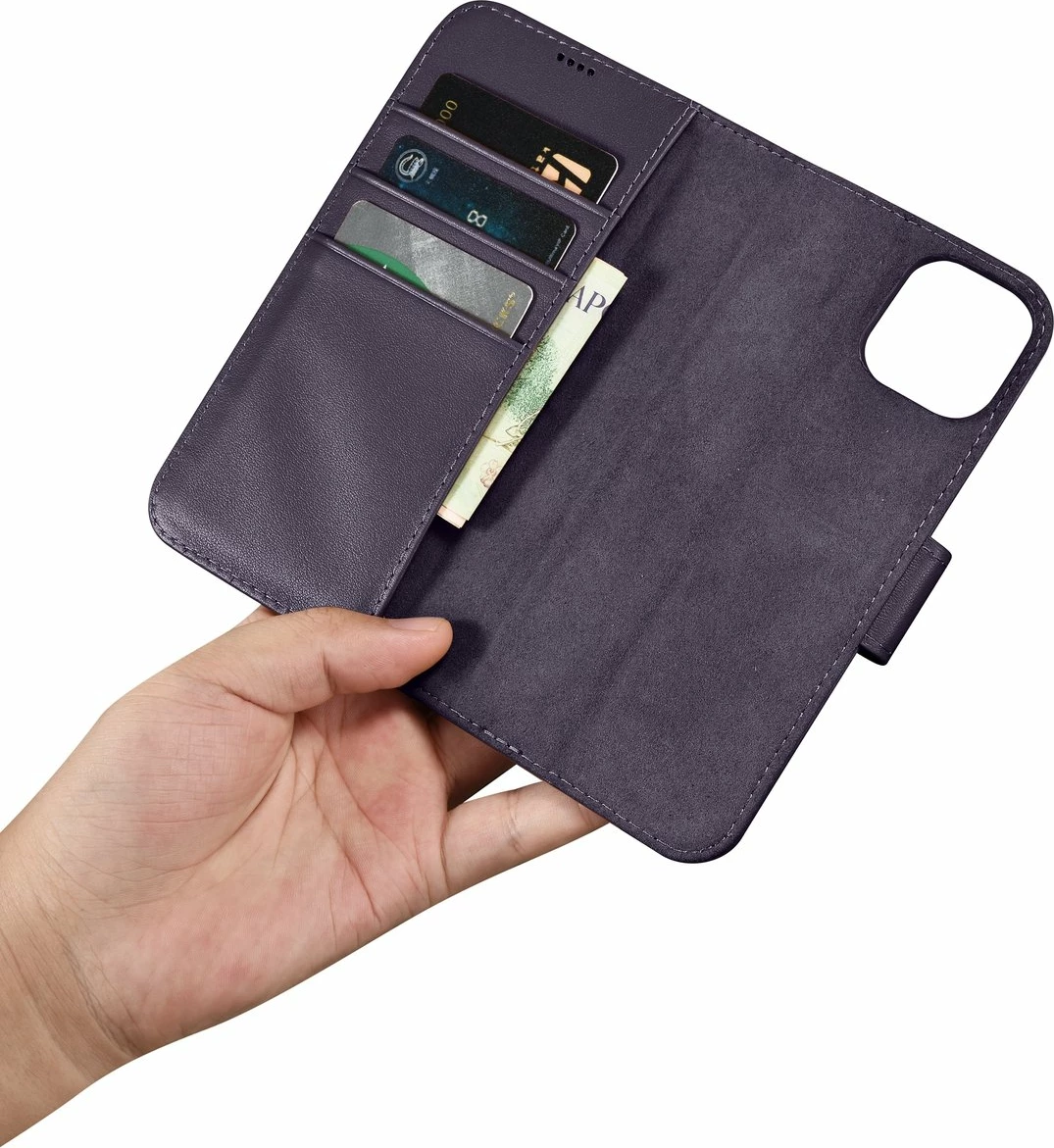 Mbështjellës iCarer Wallet Case 2in1 për iPhone 14 Plus, lëkurë natyrale, Anti-RFID, Vjollcë e errët