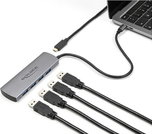 Hub USB DeLOCK 64293, USB-C në 4x USB-A, 10 Gbit/s, metal, 0.3 m, gri