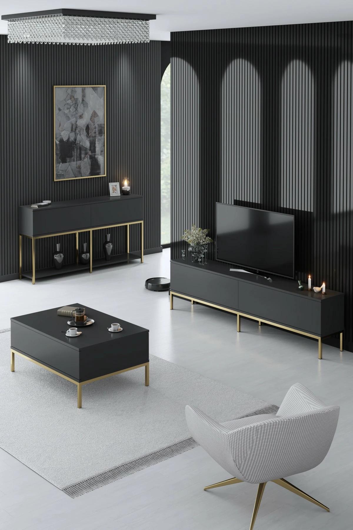Set mobiljesh për dhomë dite, Hanah Home Lord, anthracite dhe ari