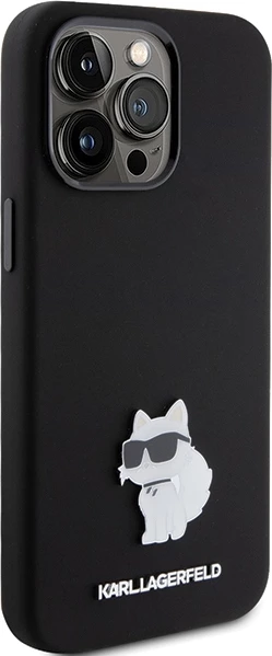 Mbështjellës Karl Lagerfeld Silicone Choupette Metal Pin për iPhone 15 Pro Max, i zi
