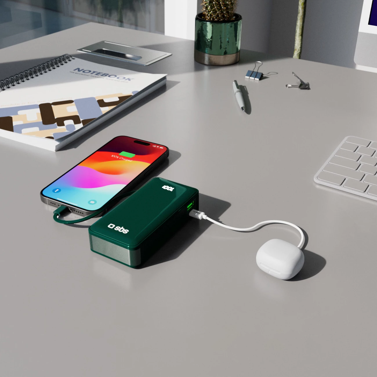 Powerbank SBS 10000 mAh 20W me kabllo USB-C të integruar dhe ekran digjital, e gjelbër