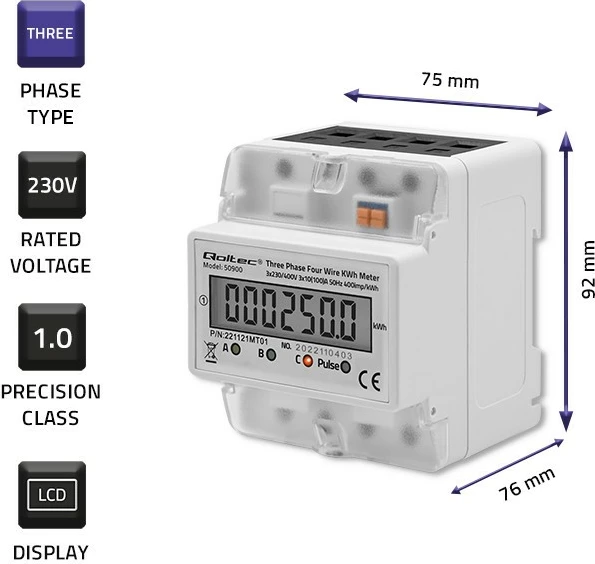Matës trefazor i energjisë Qoltec 50900, LCD, montim në shinë DIN, Gri