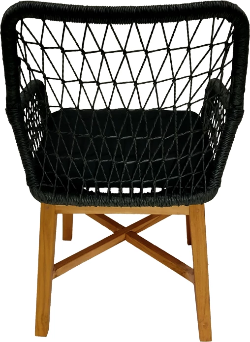 Karrige me krahë Elaiza dru teak dhe litar sintetik, ngjyrë natyrale-e zezë, me jastëk, 58x60x90cm