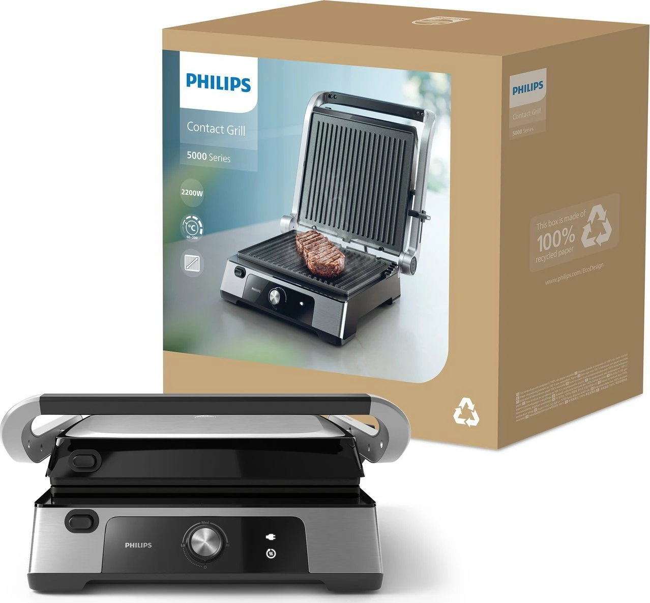 Grill elektrik Philips Series 5000 HD6301/90 2200W, kontakt, 750 cm², pllaka jo-ngjitëse të heqshme, kontroll temperature, me tabaka për yndyrë, zezë/argjendtë, set me 2 pllaka + tabaka