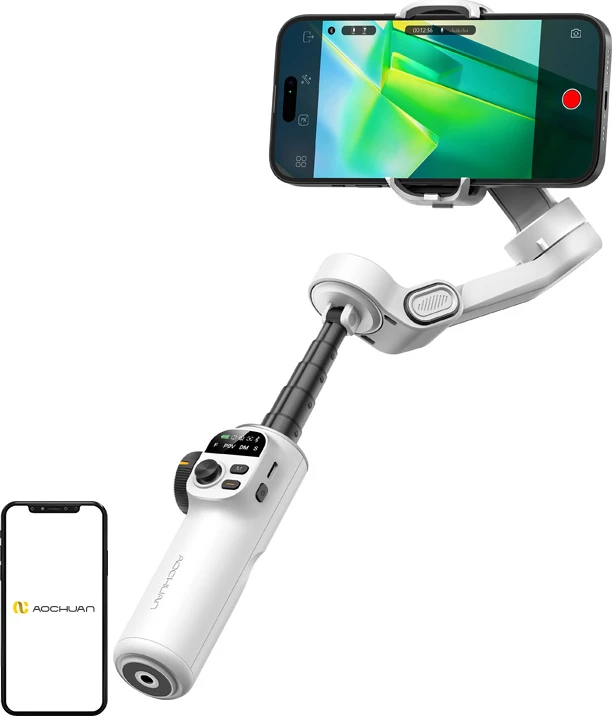 Gimbal stabilizator AOCHUAN Smart X2, 3-aks, krah zgjatës 20 cm, kontroll zoom/fokus, për smartphone, me tripod, i bardhë