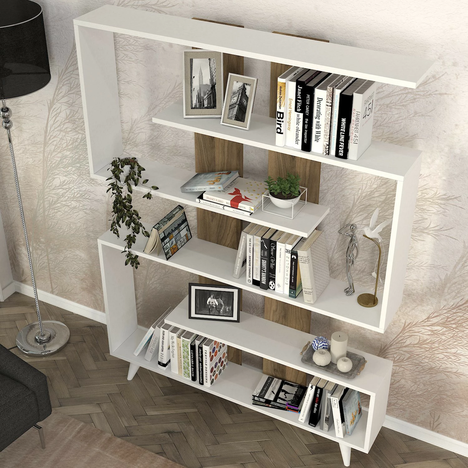 Raft librash Hanah Home, ngjyrë e bardhë dhe arre, Rain