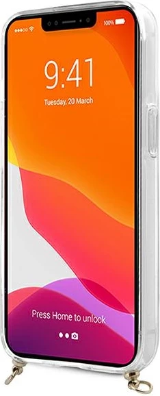 Mbështjellës Guess GUHCP13SKC4GBGO për iPhone 13 mini 5.4", transparent, rrip kafe, zinxhir ari