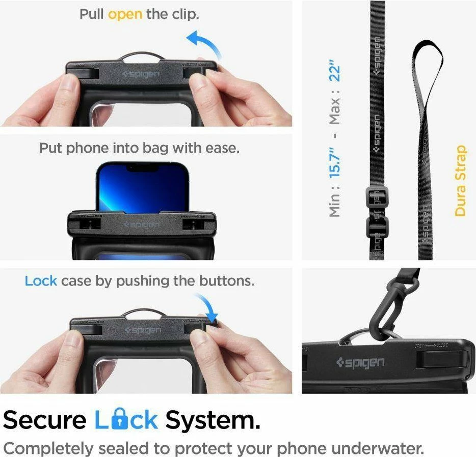 Set mbrojtës i papërshkueshëm nga uji Spigen A621 universal për celular + çantë beli, IPX8 30m, Zi